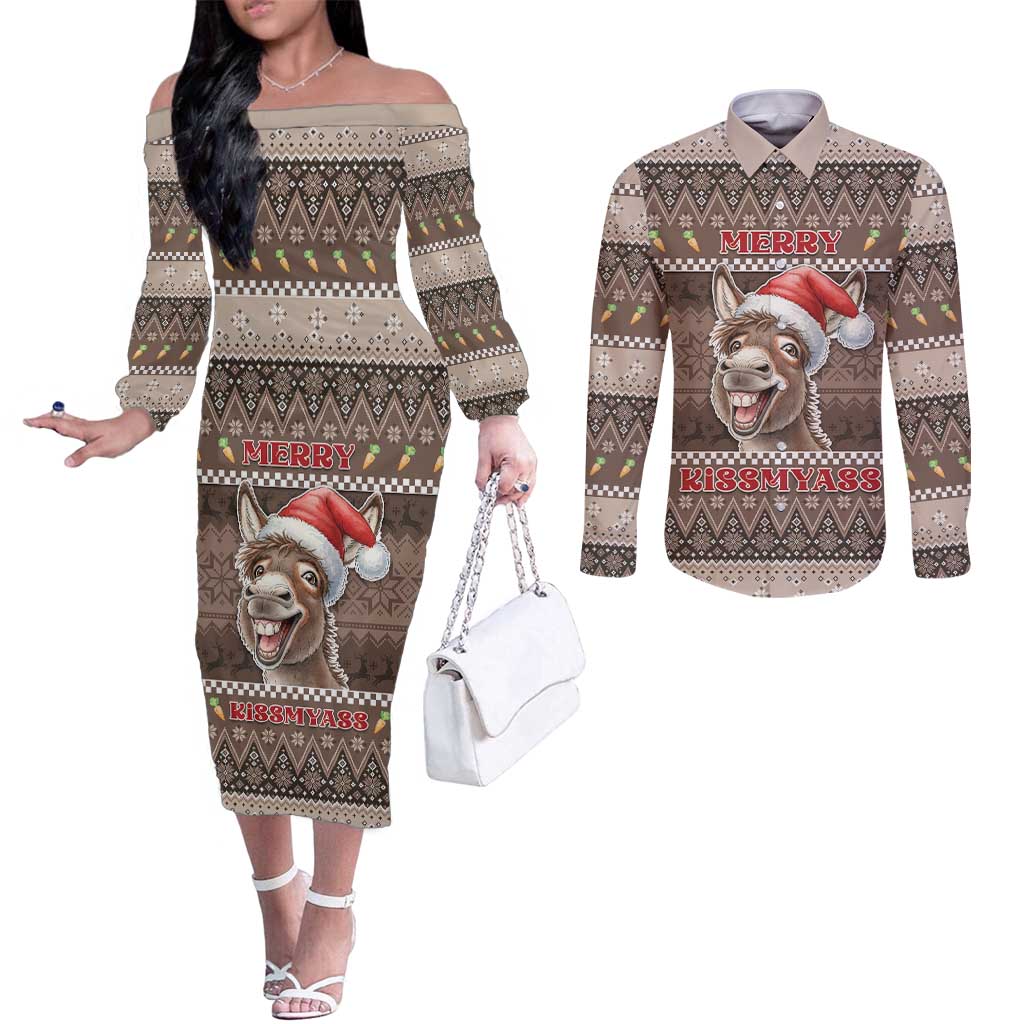 Donkey Christmas Couples Matching Off The Shoulder Long Sleeve Dress and Long Sleeve Button Shirt Merry Kiss My Ass - Wonder Print Shop