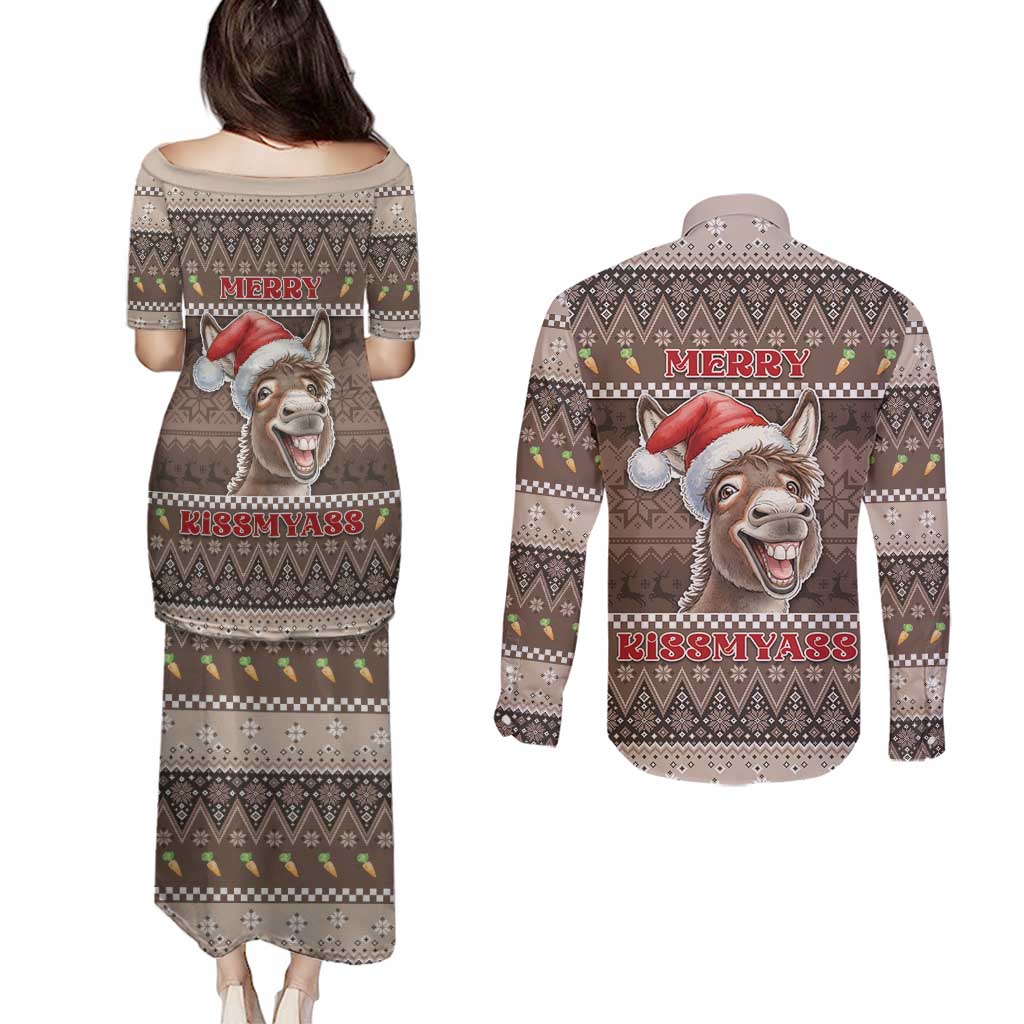 Donkey Christmas Couples Matching Puletasi and Long Sleeve Button Shirt Merry Kiss My Ass - Wonder Print Shop