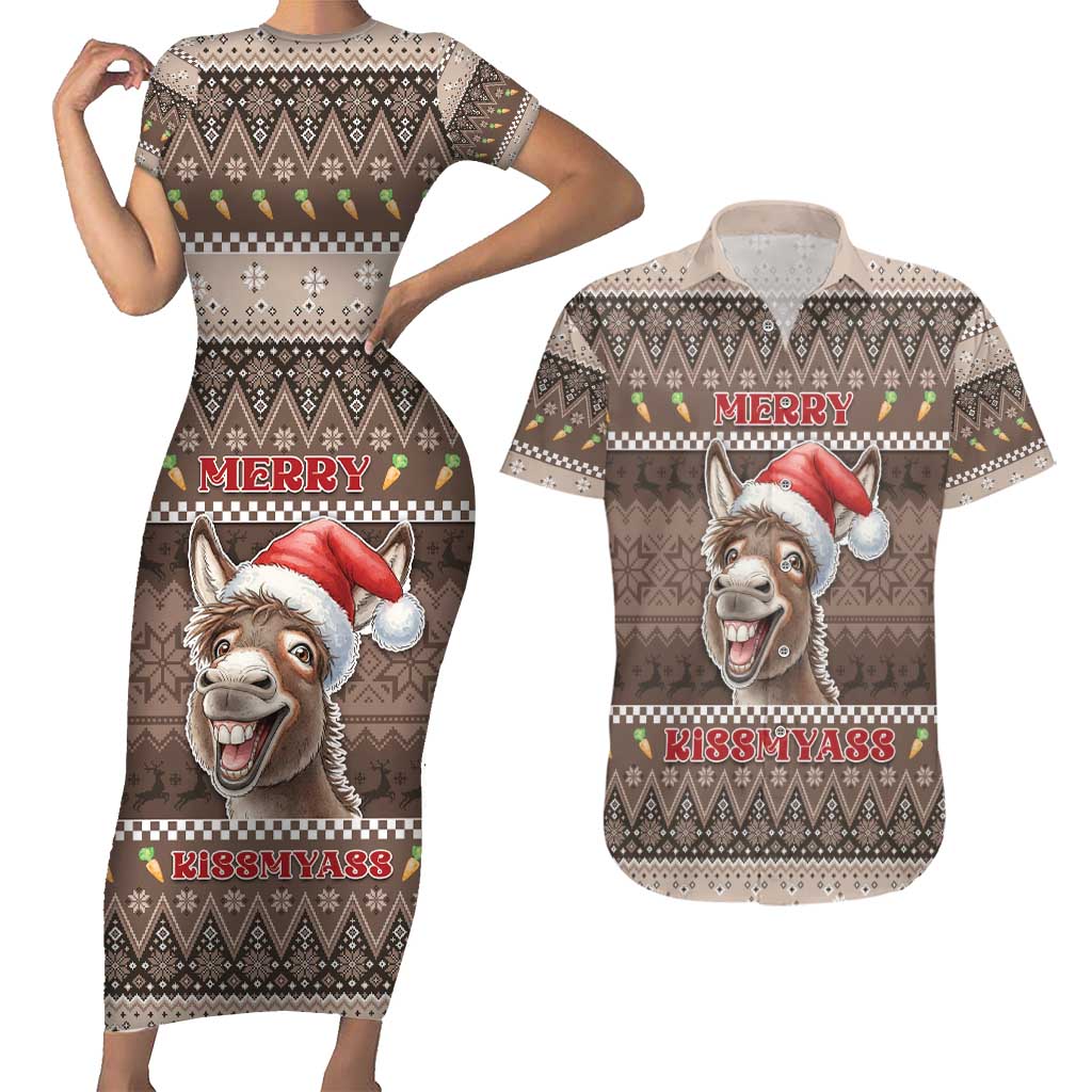 Donkey Christmas Couples Matching Short Sleeve Bodycon Dress and Hawaiian Shirt Merry Kiss My Ass - Wonder Print Shop