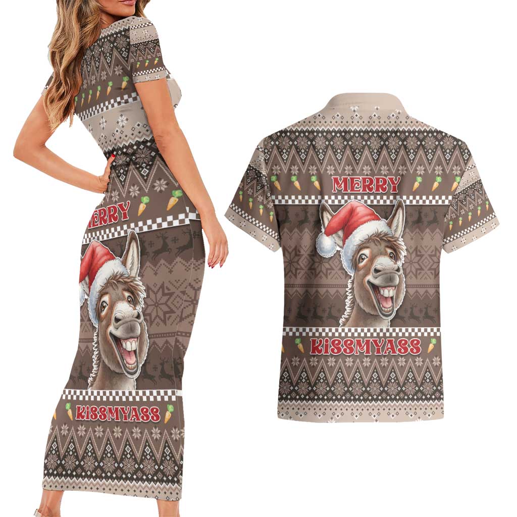 Donkey Christmas Couples Matching Short Sleeve Bodycon Dress and Hawaiian Shirt Merry Kiss My Ass - Wonder Print Shop
