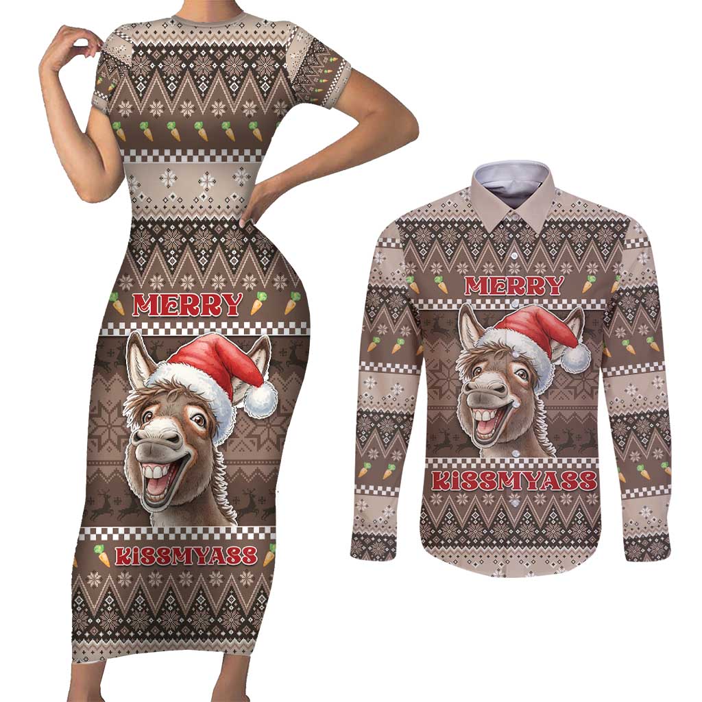 Donkey Christmas Couples Matching Short Sleeve Bodycon Dress and Long Sleeve Button Shirt Merry Kiss My Ass - Wonder Print Shop