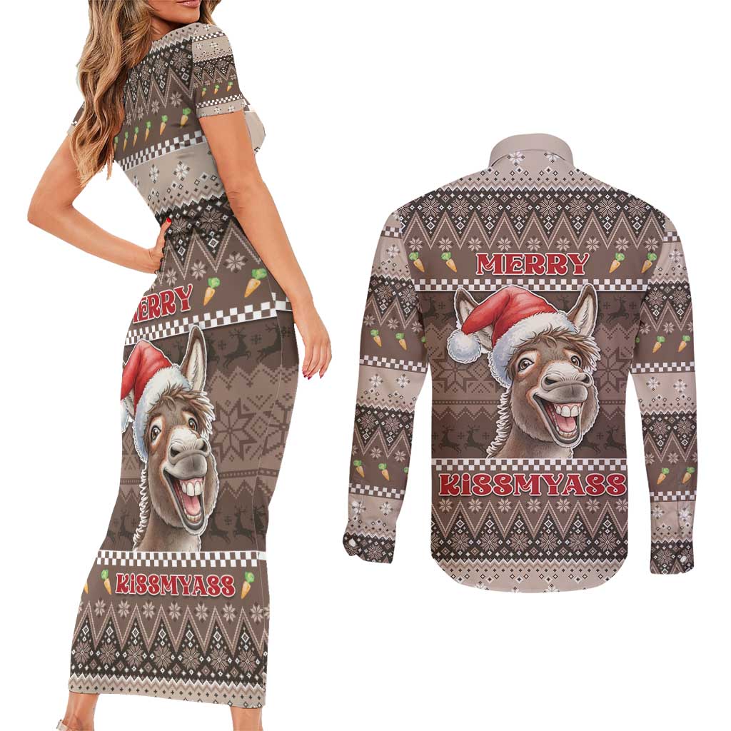 Donkey Christmas Couples Matching Short Sleeve Bodycon Dress and Long Sleeve Button Shirt Merry Kiss My Ass - Wonder Print Shop