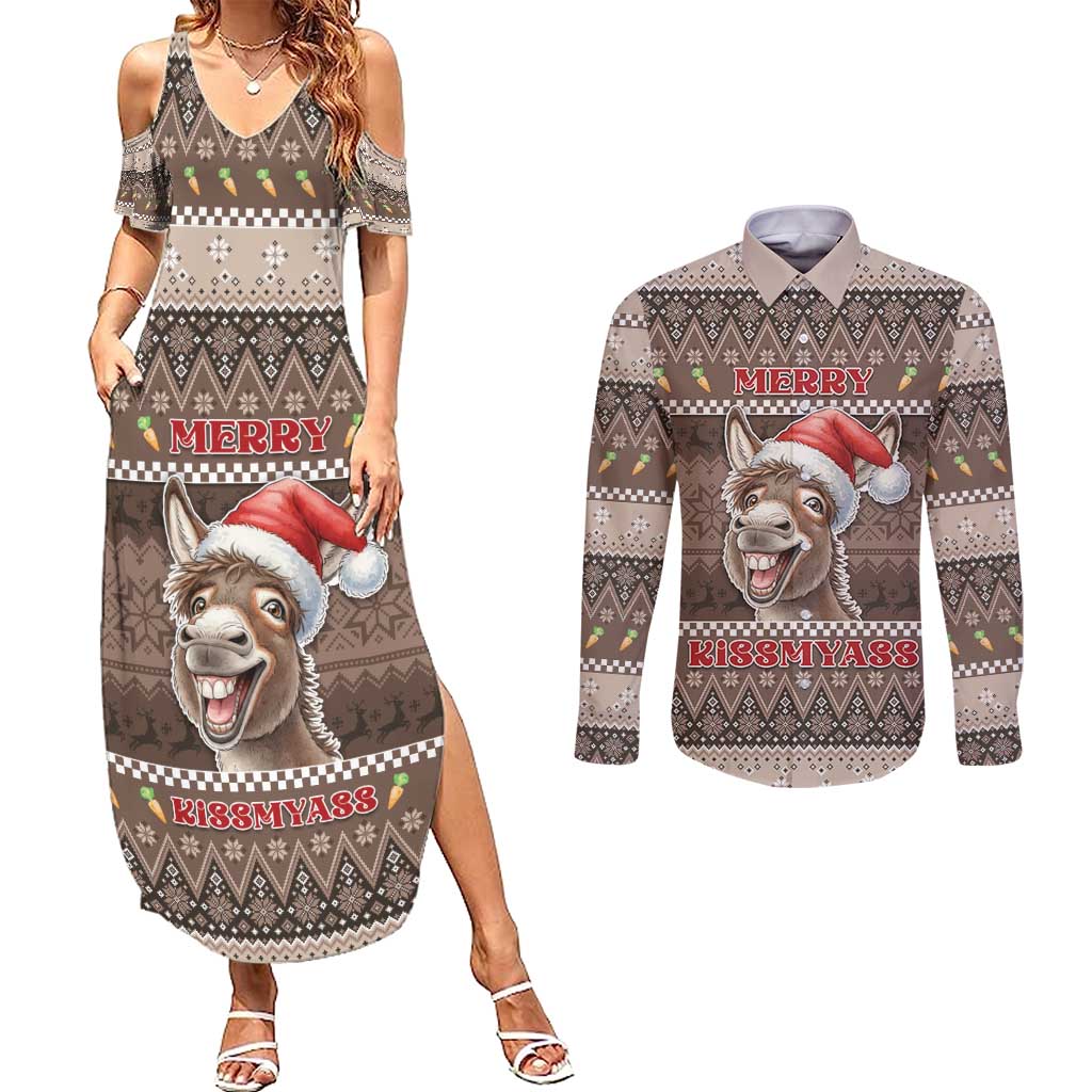 Donkey Christmas Couples Matching Summer Maxi Dress and Long Sleeve Button Shirt Merry Kiss My Ass - Wonder Print Shop