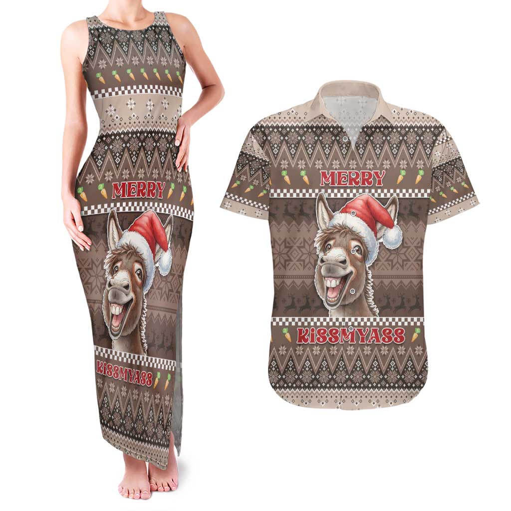 Donkey Christmas Couples Matching Tank Maxi Dress and Hawaiian Shirt Merry Kiss My Ass - Wonder Print Shop