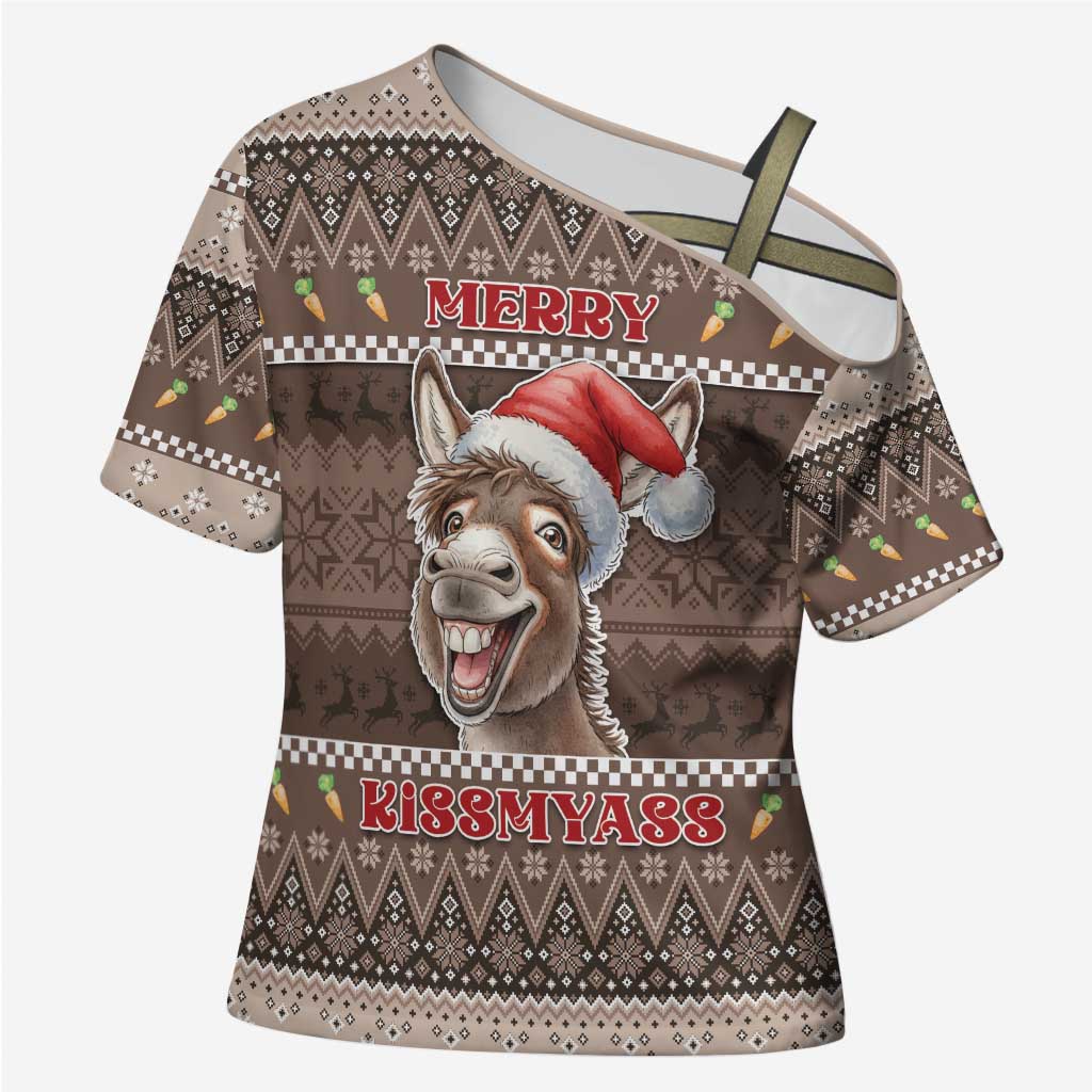 Donkey Christmas Cross Shoulder Shirt Merry Kiss My Ass - Wonder Print Shop