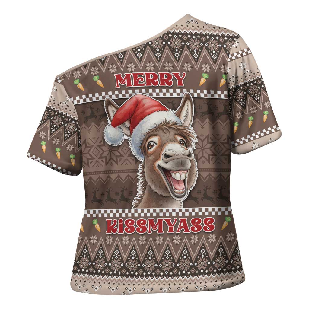 Donkey Christmas Cross Shoulder Shirt Merry Kiss My Ass - Wonder Print Shop
