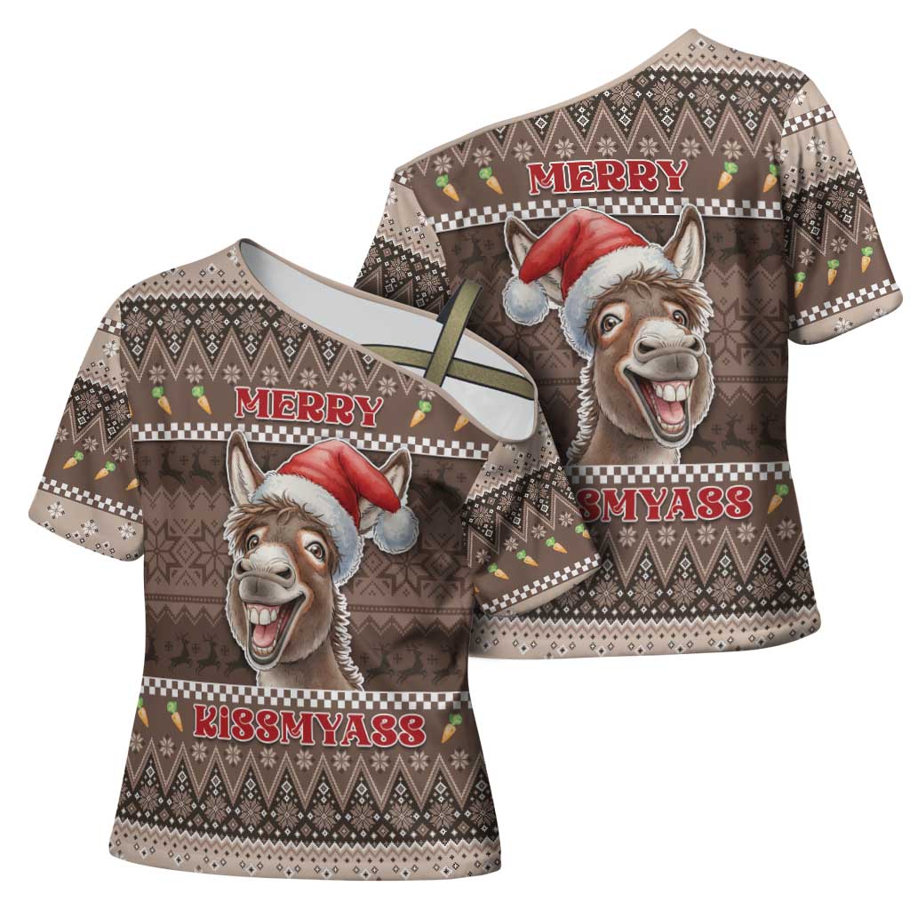 Donkey Christmas Cross Shoulder Shirt Merry Kiss My Ass - Wonder Print Shop