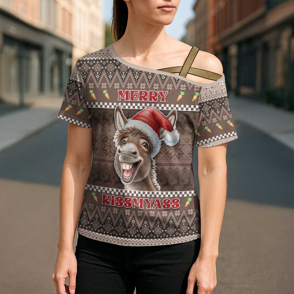 Donkey Christmas Cross Shoulder Shirt Merry Kiss My Ass - Wonder Print Shop