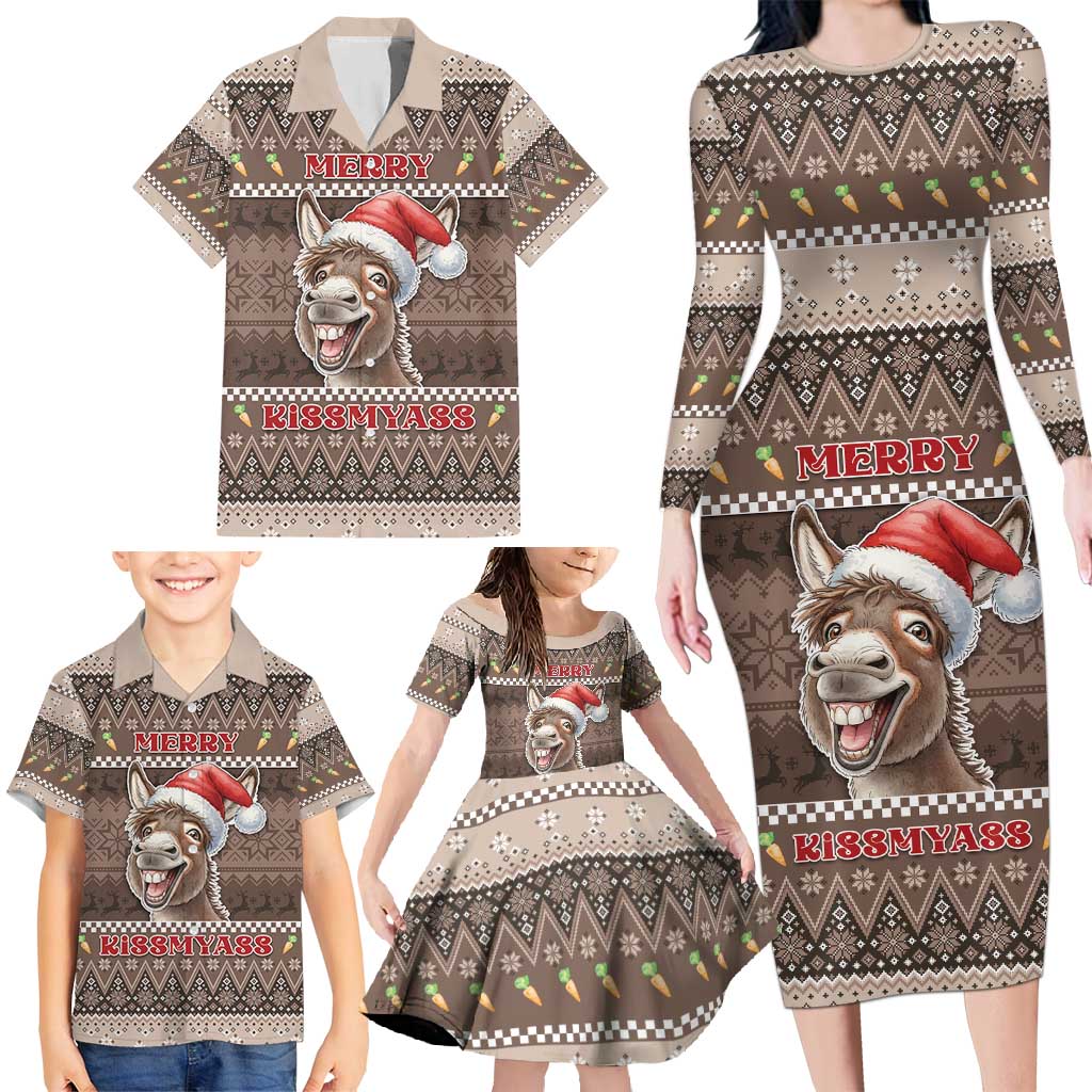Donkey Christmas Family Matching Long Sleeve Bodycon Dress and Hawaiian Shirt Merry Kiss My Ass - Wonder Print Shop