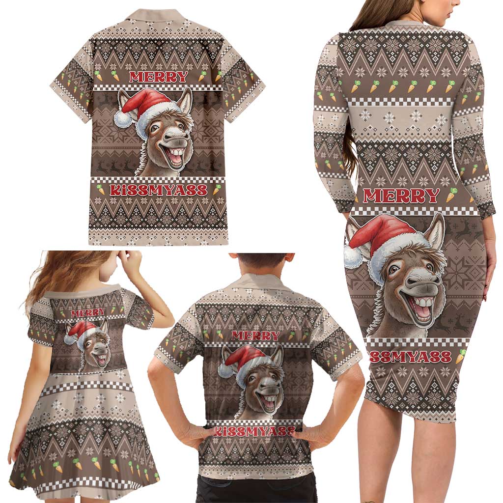 Donkey Christmas Family Matching Long Sleeve Bodycon Dress and Hawaiian Shirt Merry Kiss My Ass - Wonder Print Shop