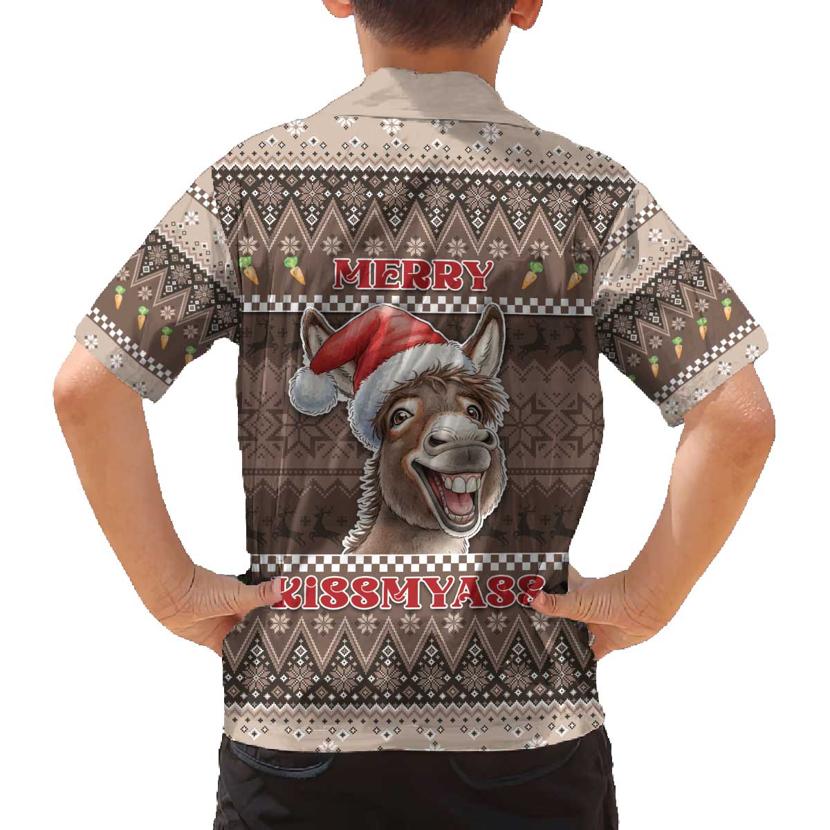 Donkey Christmas Family Matching Off The Shoulder Long Sleeve Dress and Hawaiian Shirt Merry Kiss My Ass - Wonder Print Shop
