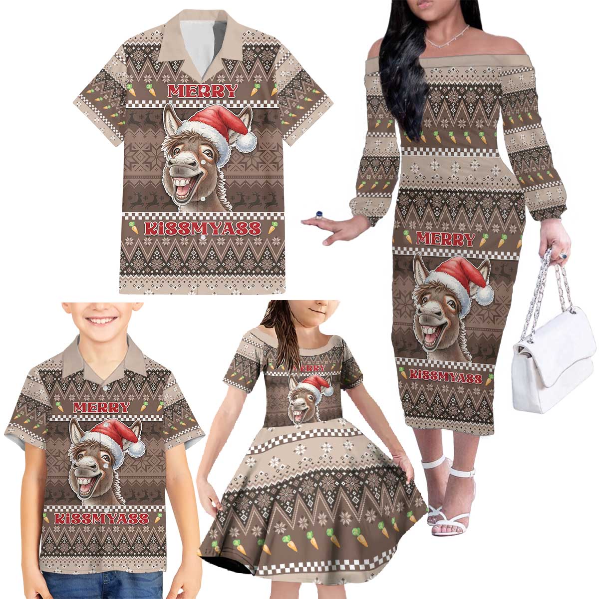 Donkey Christmas Family Matching Off The Shoulder Long Sleeve Dress and Hawaiian Shirt Merry Kiss My Ass - Wonder Print Shop