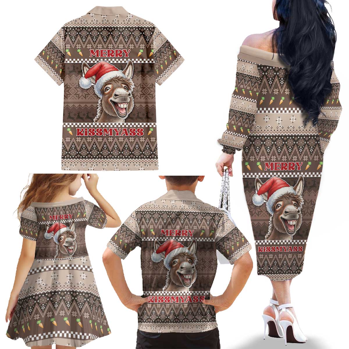 Donkey Christmas Family Matching Off The Shoulder Long Sleeve Dress and Hawaiian Shirt Merry Kiss My Ass - Wonder Print Shop