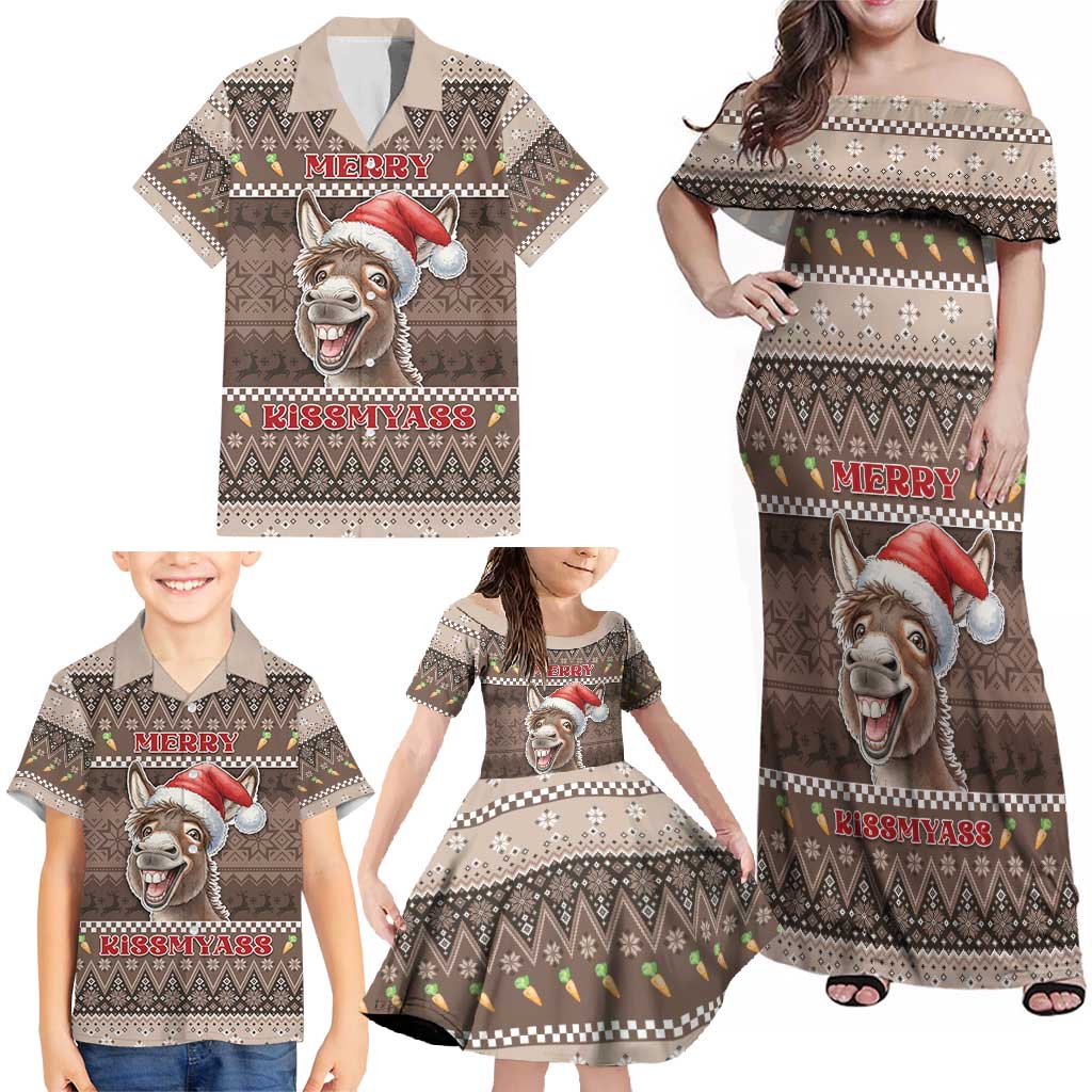 Donkey Christmas Family Matching Off Shoulder Maxi Dress and Hawaiian Shirt Merry Kiss My Ass - Wonder Print Shop