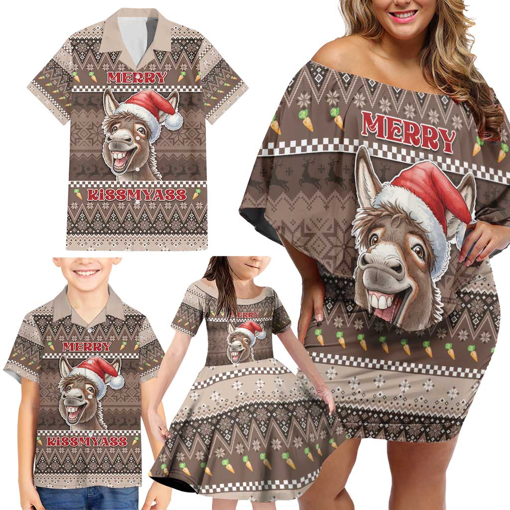Donkey Christmas Family Matching Off Shoulder Short Dress and Hawaiian Shirt Merry Kiss My Ass - Wonder Print Shop