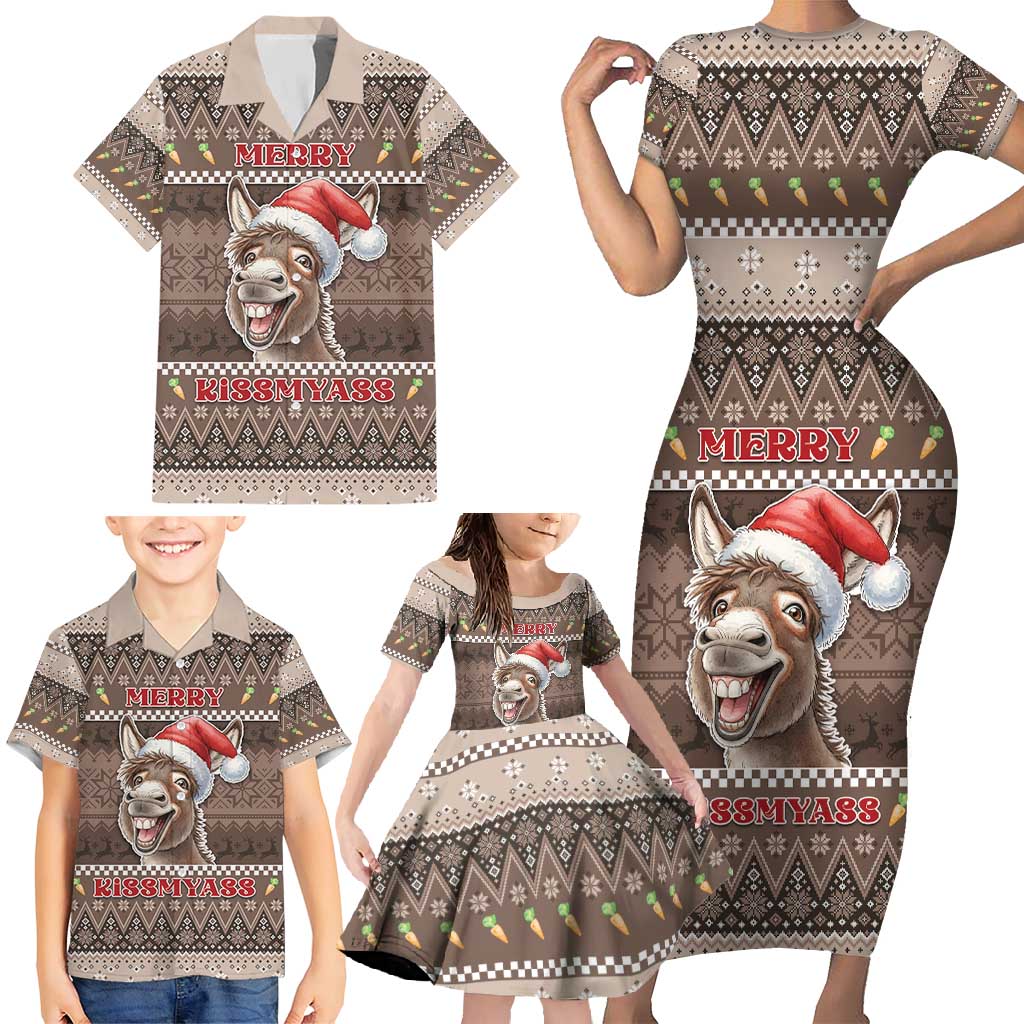 Donkey Christmas Family Matching Short Sleeve Bodycon Dress and Hawaiian Shirt Merry Kiss My Ass - Wonder Print Shop