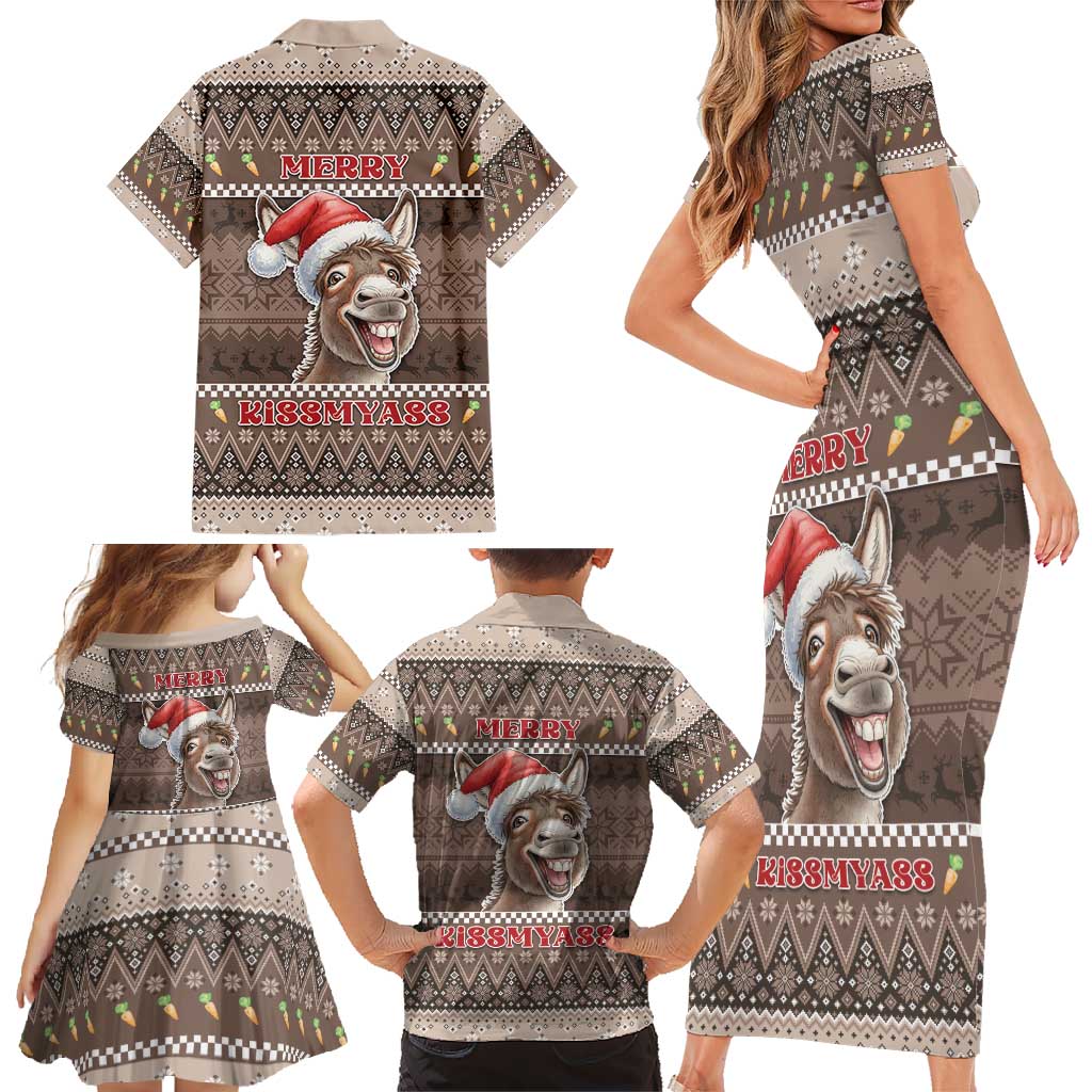 Donkey Christmas Family Matching Short Sleeve Bodycon Dress and Hawaiian Shirt Merry Kiss My Ass - Wonder Print Shop