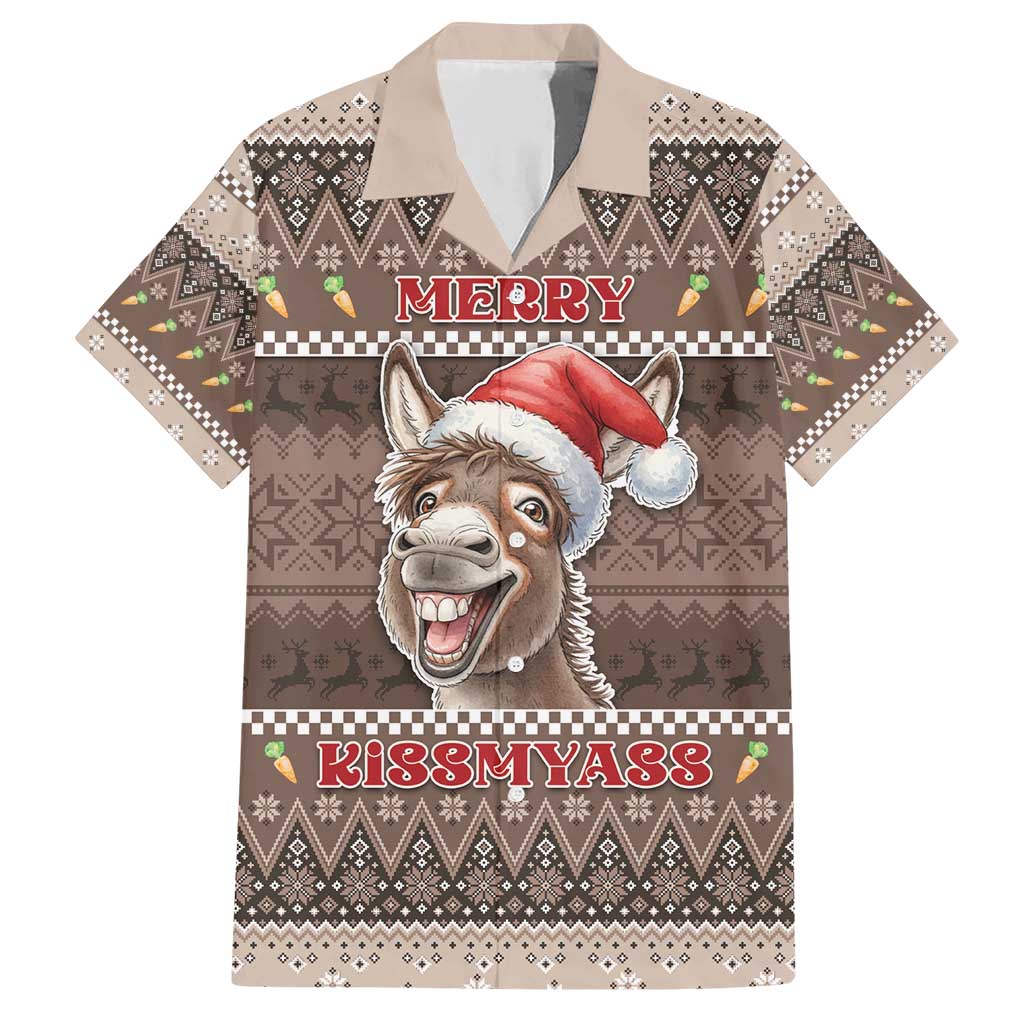 Donkey Christmas Family Matching Short Sleeve Bodycon Dress and Hawaiian Shirt Merry Kiss My Ass - Wonder Print Shop