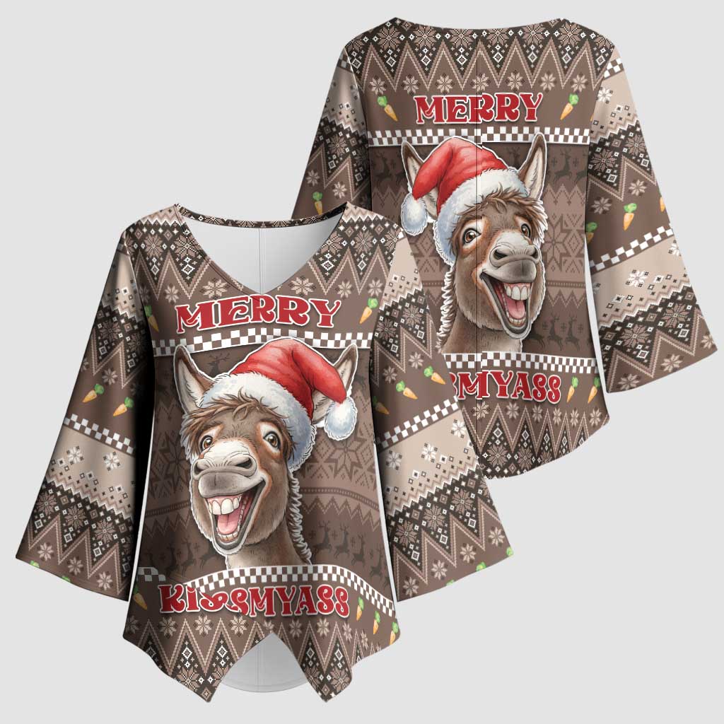 Donkey Christmas Kimono Sleeve Blouse Merry Kiss My Ass - Wonder Print Shop
