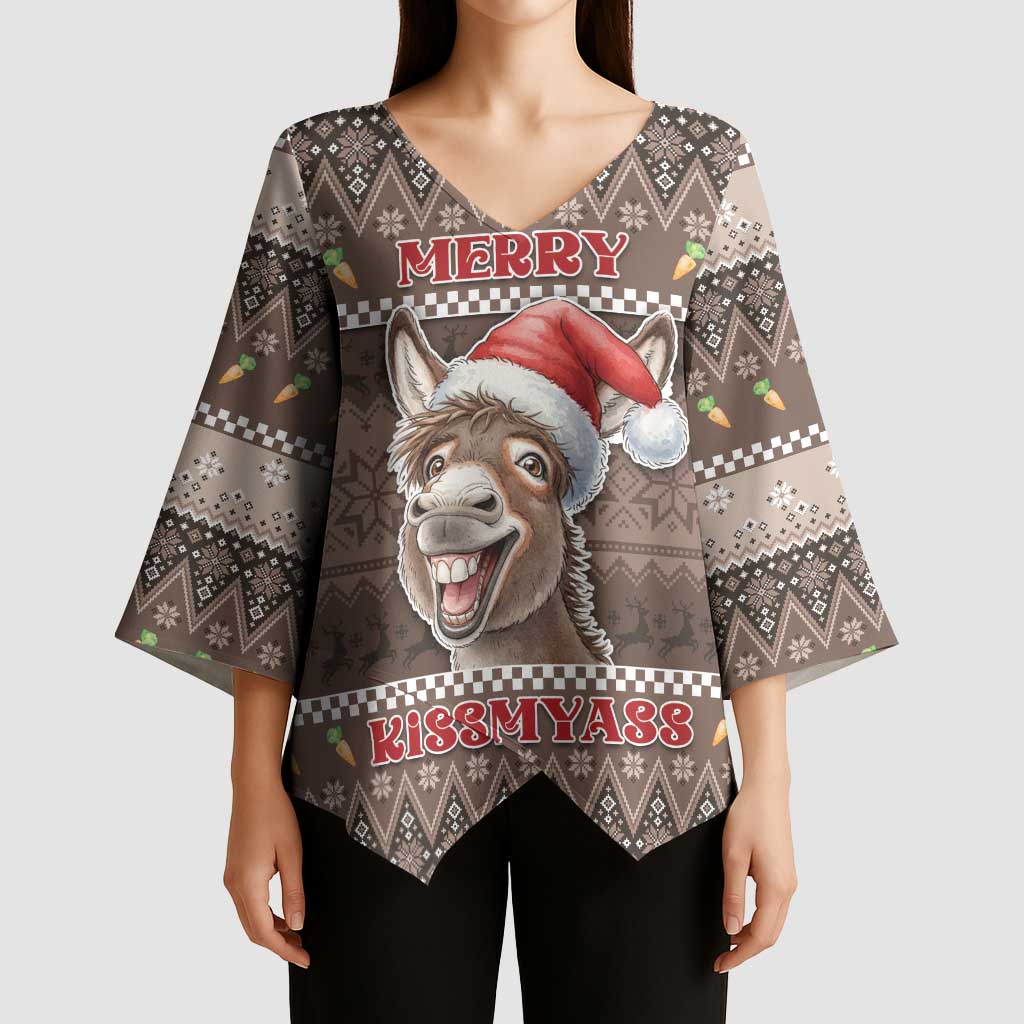 Donkey Christmas Kimono Sleeve Blouse Merry Kiss My Ass - Wonder Print Shop