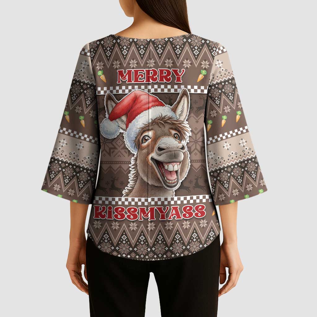 Donkey Christmas Kimono Sleeve Blouse Merry Kiss My Ass - Wonder Print Shop