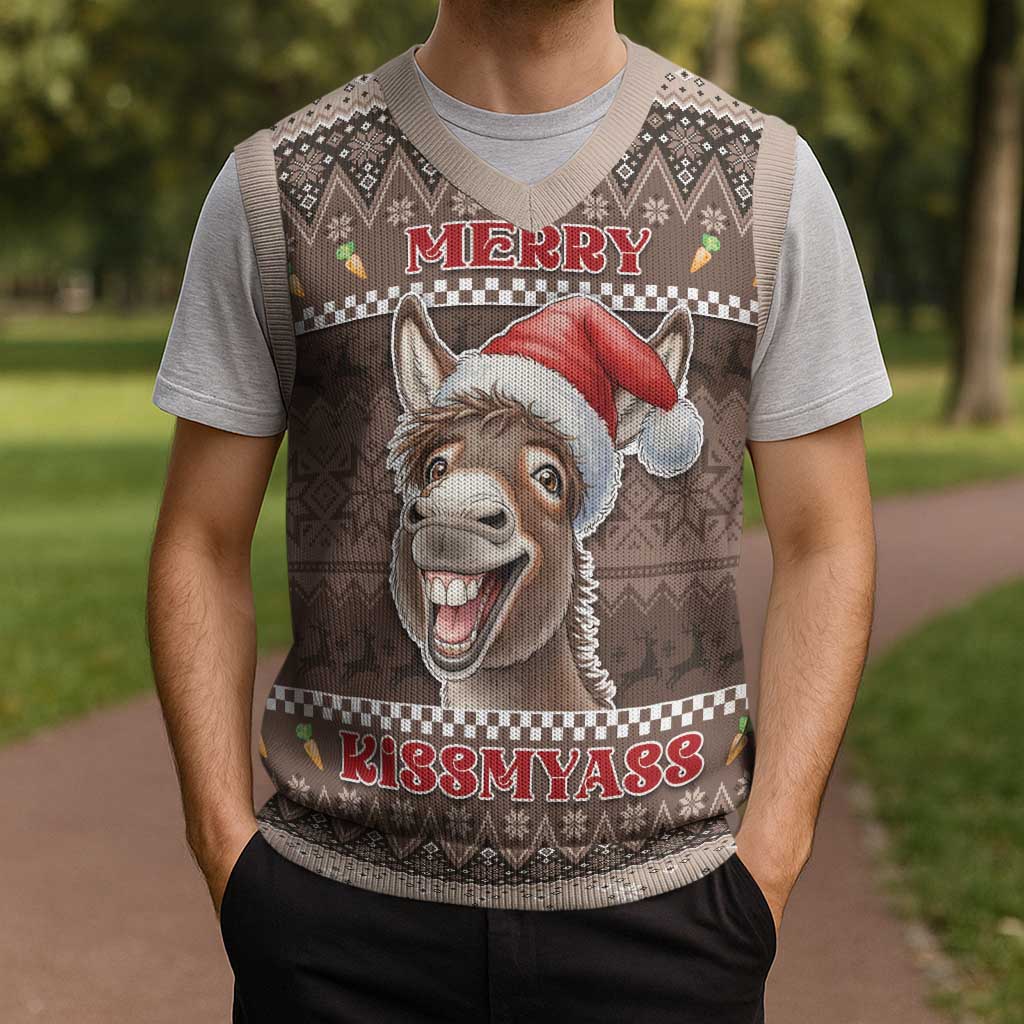 Donkey Christmas Knitted V-Neck Vest Merry Kiss My Ass - Wonder Print Shop
