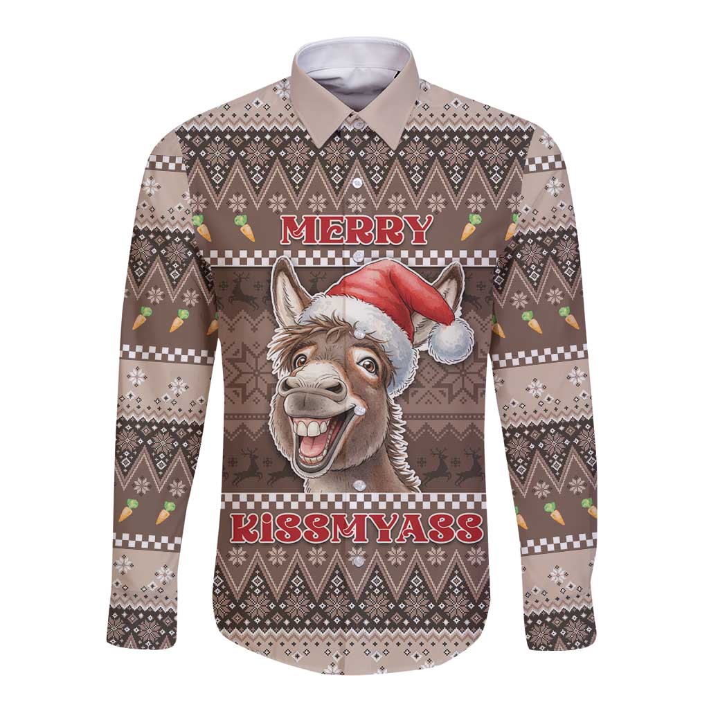 Donkey Christmas Long Sleeve Button Shirt Merry Kiss My Ass - Wonder Print Shop