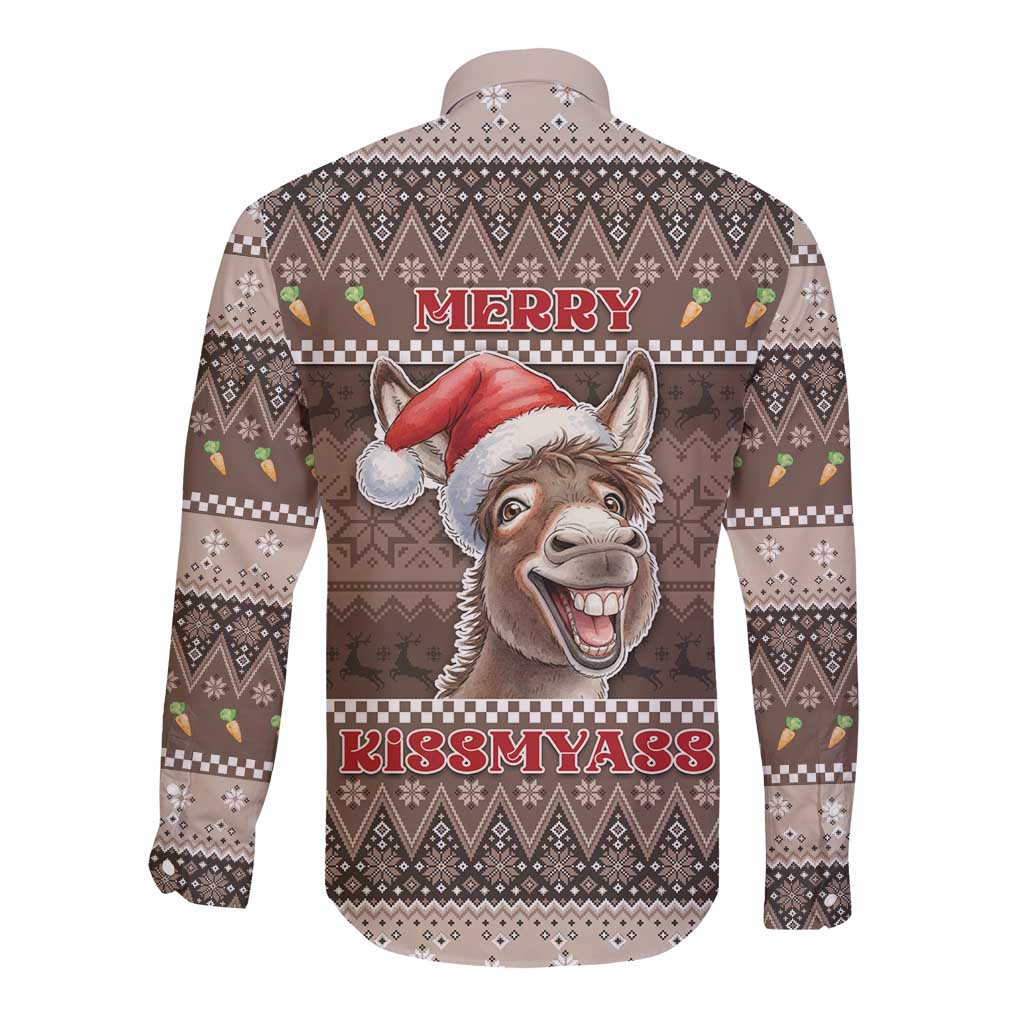 Donkey Christmas Long Sleeve Button Shirt Merry Kiss My Ass - Wonder Print Shop