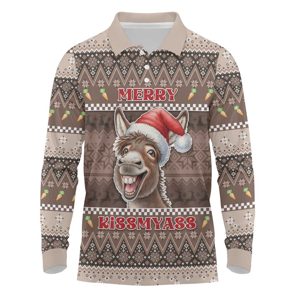 Donkey Christmas Long Sleeve Polo Shirt Merry Kiss My Ass - Wonder Print Shop