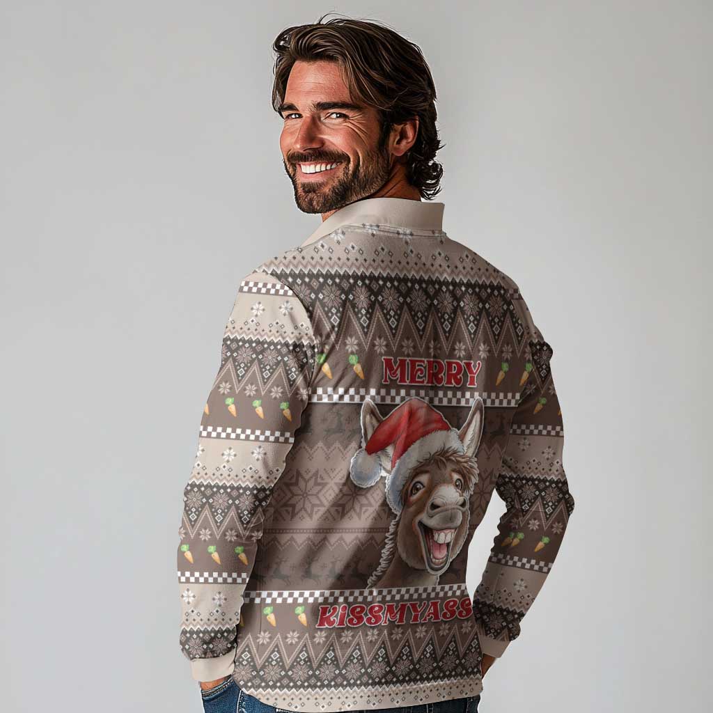 Donkey Christmas Long Sleeve Polo Shirt Merry Kiss My Ass - Wonder Print Shop