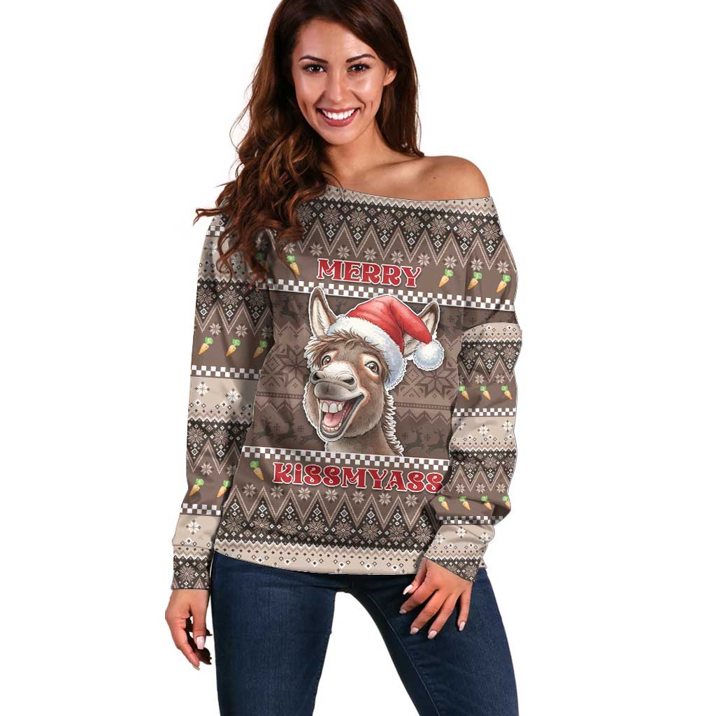 Donkey Christmas Off Shoulder Sweater Merry Kiss My Ass - Wonder Print Shop