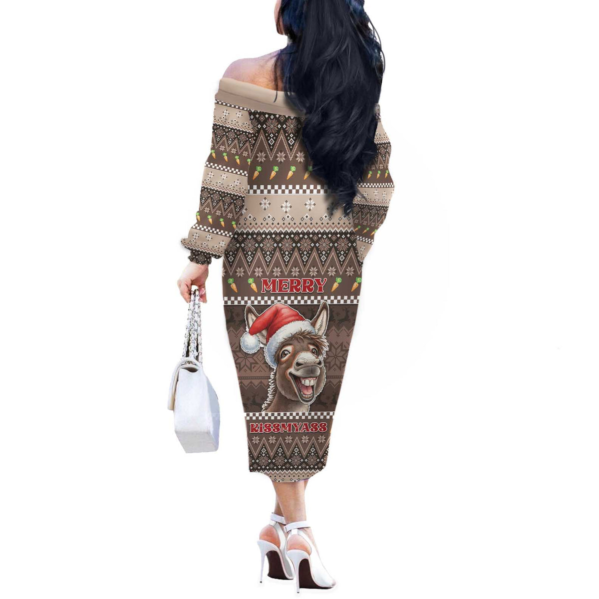 Donkey Christmas Off The Shoulder Long Sleeve Dress Merry Kiss My Ass - Wonder Print Shop
