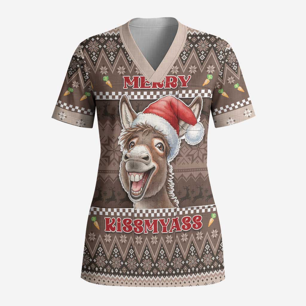 Donkey Christmas Scrub Top Merry Kiss My Ass - Wonder Print Shop