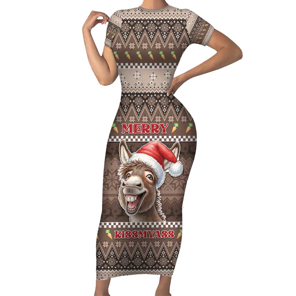 Donkey Christmas Short Sleeve Bodycon Dress Merry Kiss My Ass - Wonder Print Shop