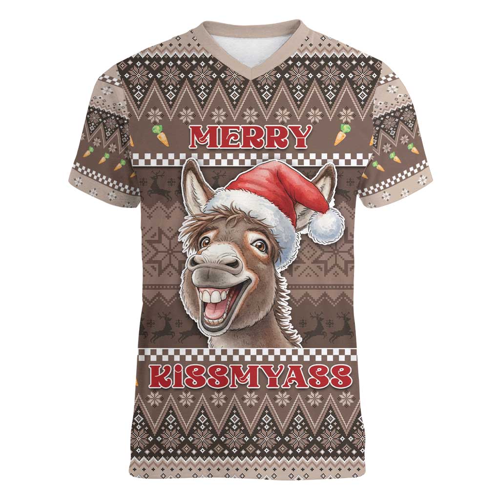 Donkey Christmas Women V-Neck T-Shirt Merry Kiss My Ass - Wonder Print Shop
