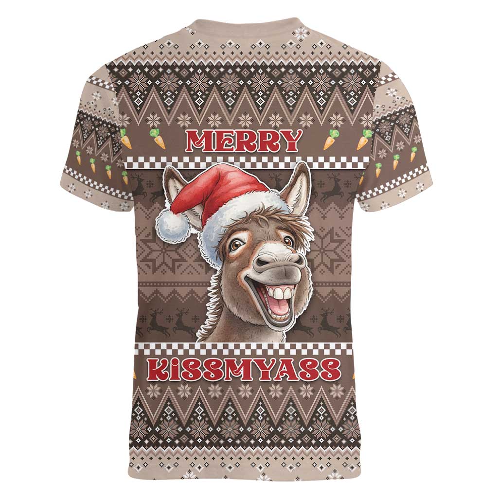 Donkey Christmas Women V-Neck T-Shirt Merry Kiss My Ass - Wonder Print Shop