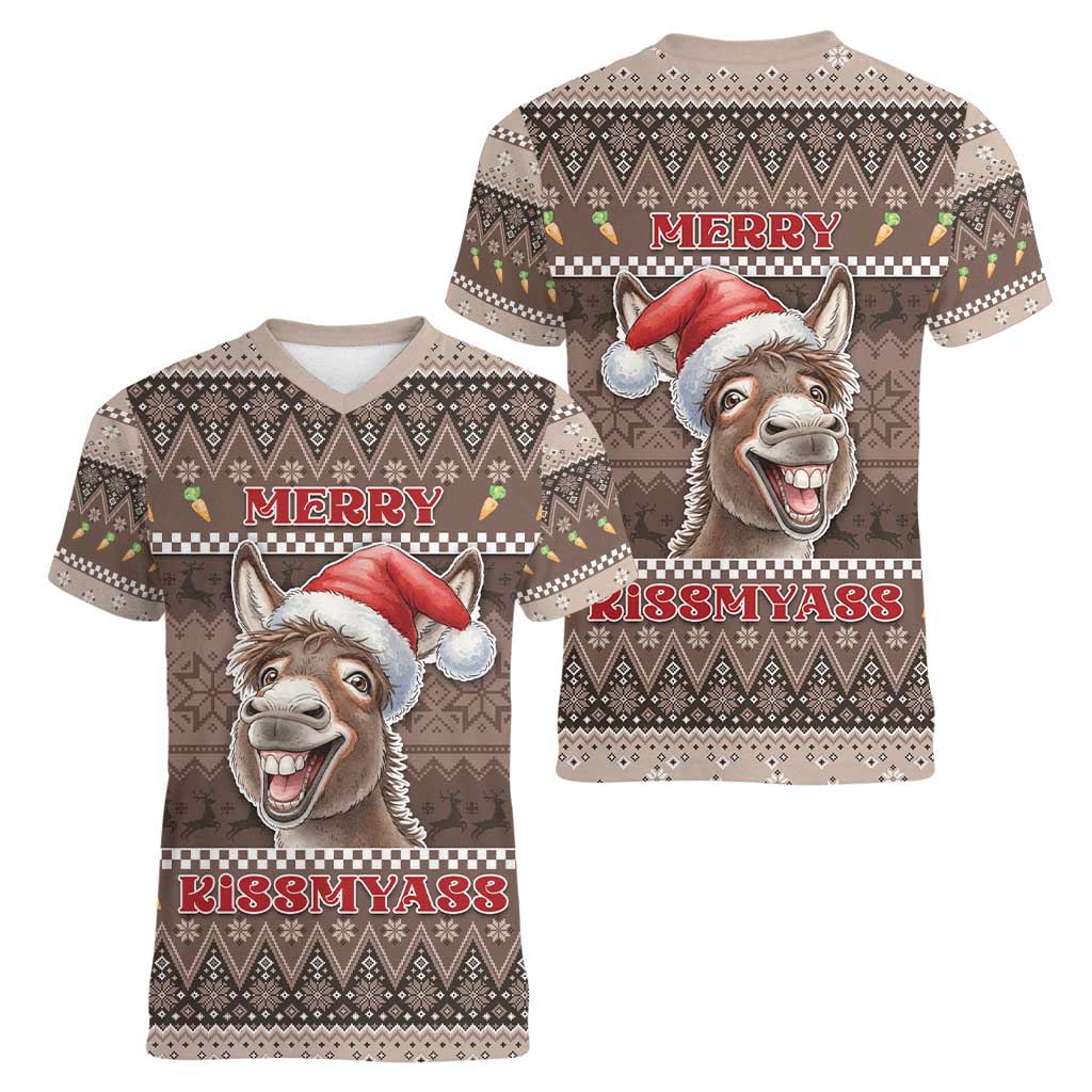 Donkey Christmas Women V-Neck T-Shirt Merry Kiss My Ass - Wonder Print Shop