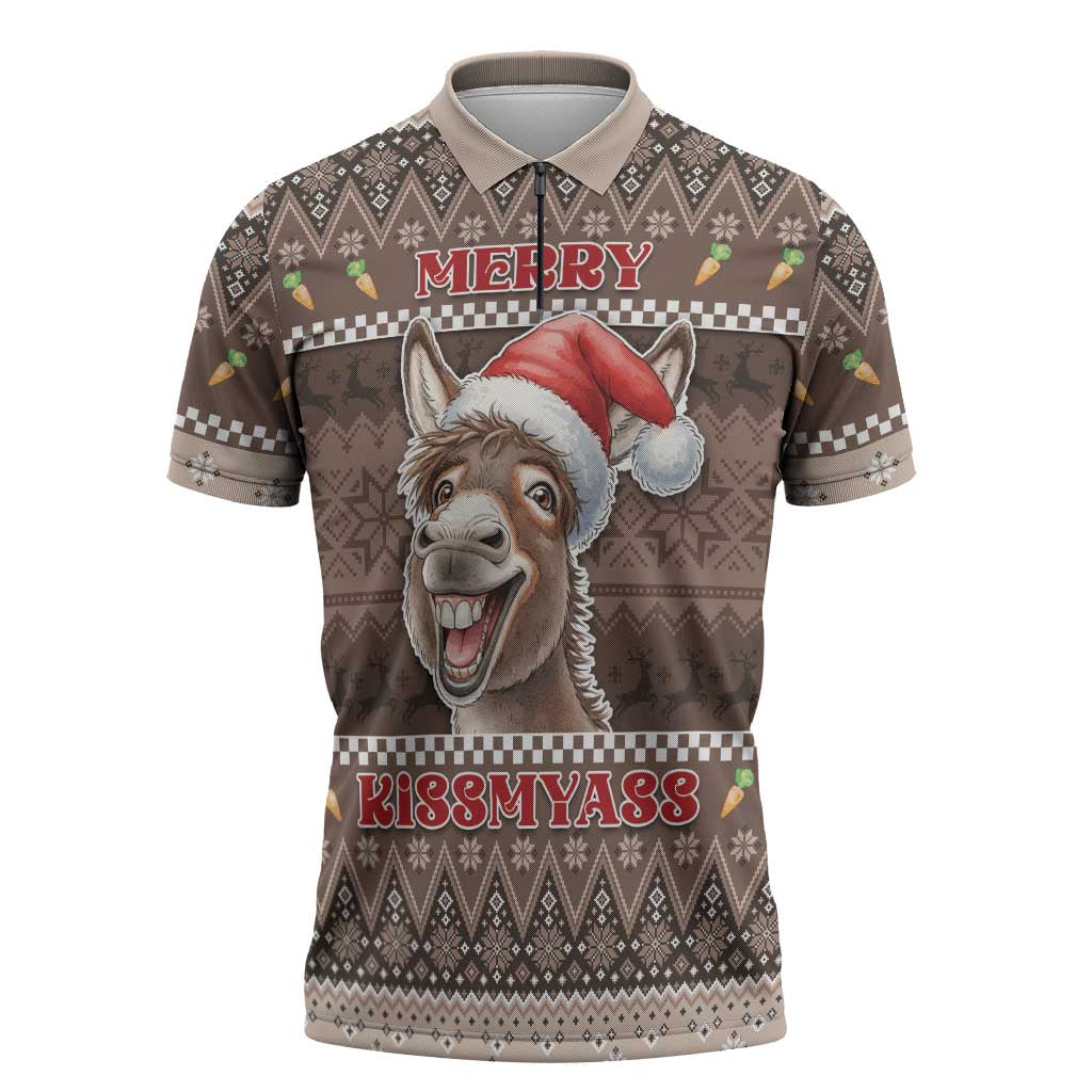 Donkey Christmas Zipper Polo Shirt Merry Kiss My Ass - Wonder Print Shop