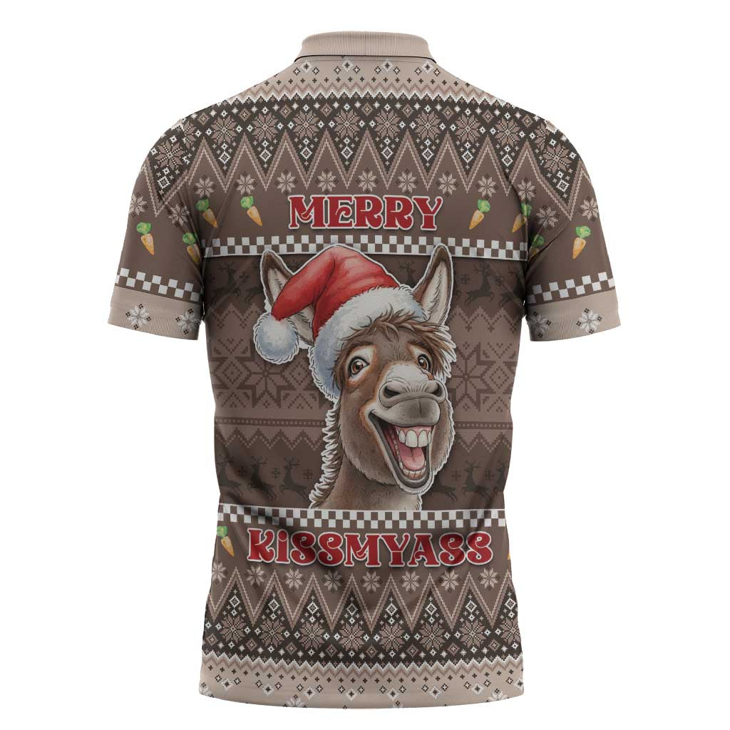 Donkey Christmas Zipper Polo Shirt Merry Kiss My Ass - Wonder Print Shop