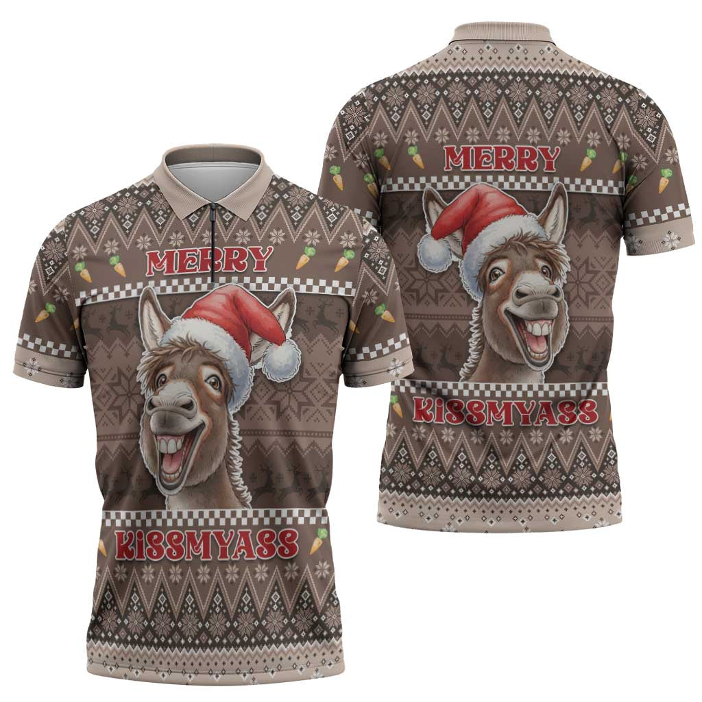 Donkey Christmas Zipper Polo Shirt Merry Kiss My Ass - Wonder Print Shop