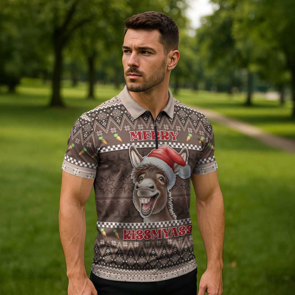 Donkey Christmas Zipper Polo Shirt Merry Kiss My Ass - Wonder Print Shop