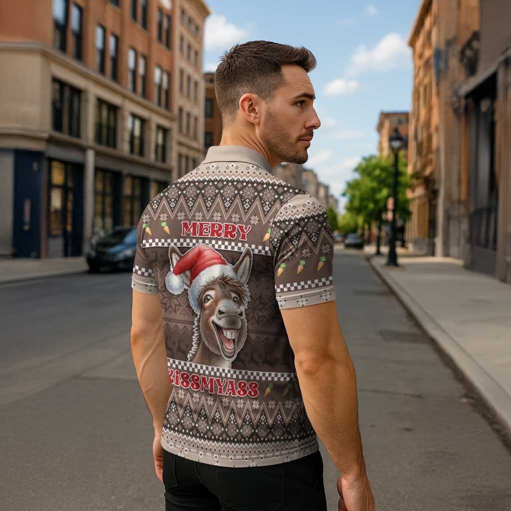 Donkey Christmas Zipper Polo Shirt Merry Kiss My Ass - Wonder Print Shop