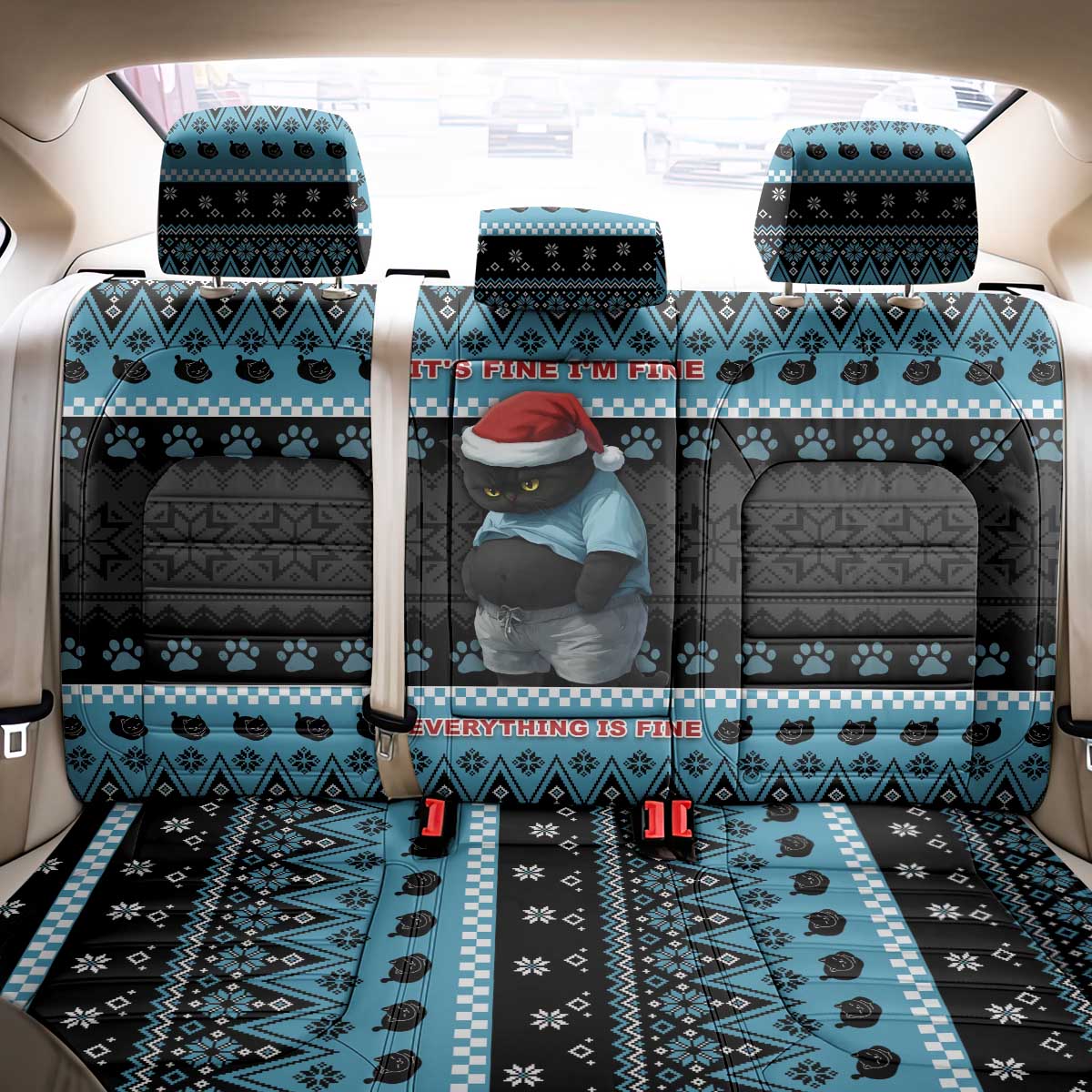 Cat Christmas Back Car Seat Cover It’s Fine I’m Fine Everything Is Fine - Wonder Print Shop