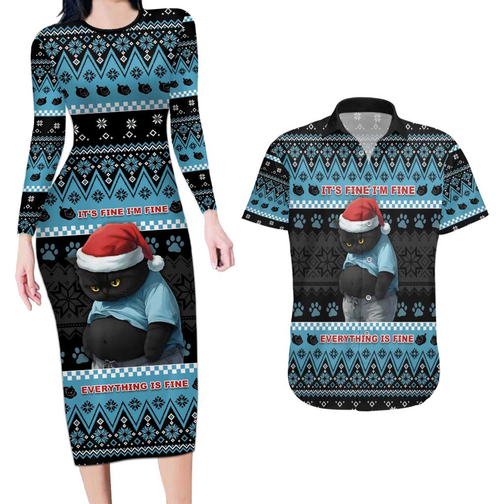 Cat Christmas Couples Matching Long Sleeve Bodycon Dress and Hawaiian Shirt It’s Fine I’m Fine Everything Is Fine - Wonder Print Shop