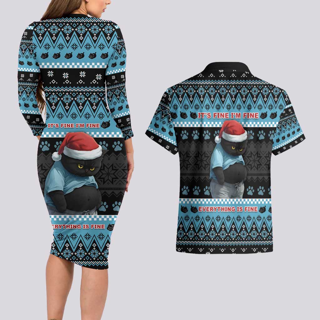 Cat Christmas Couples Matching Long Sleeve Bodycon Dress and Hawaiian Shirt It’s Fine I’m Fine Everything Is Fine - Wonder Print Shop