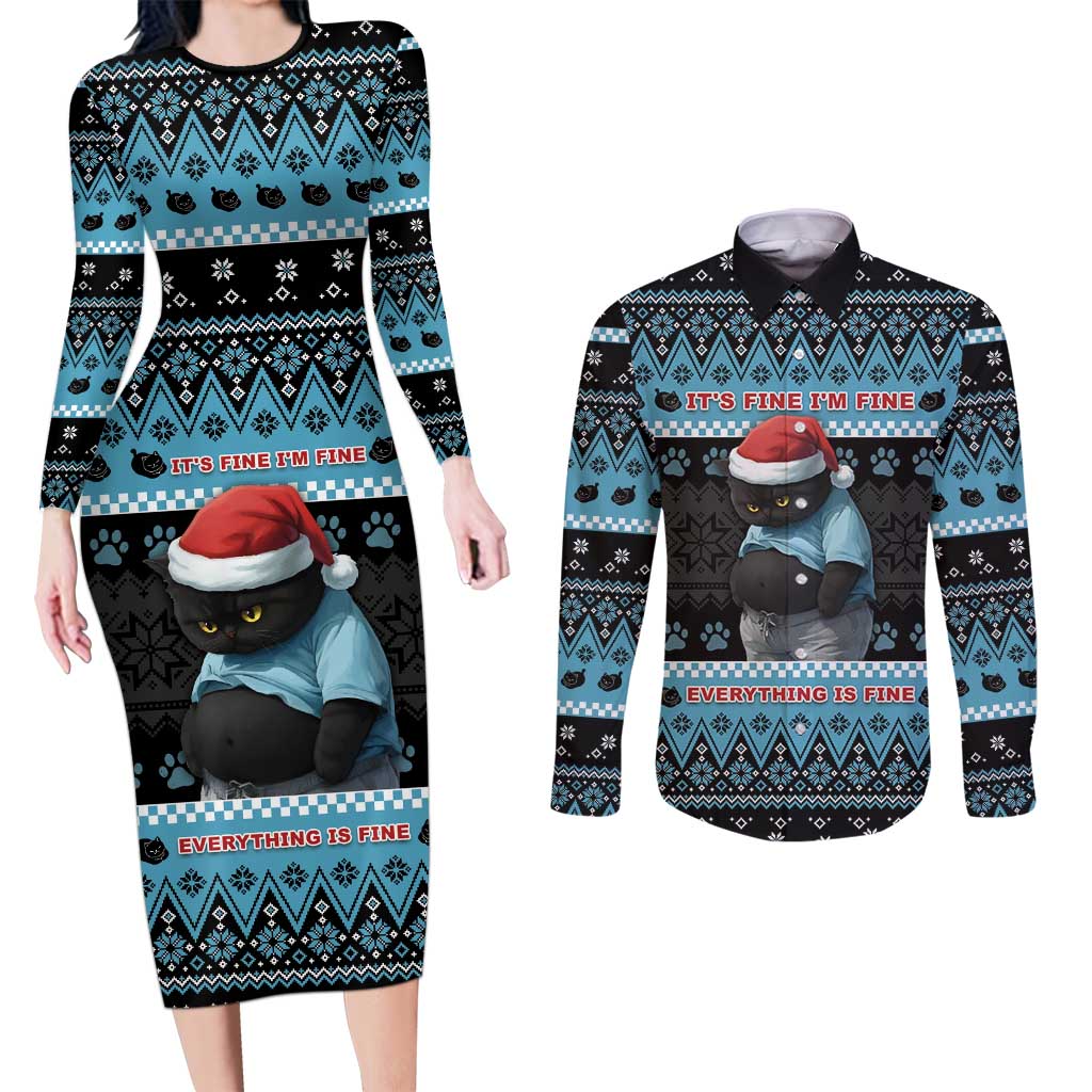 Cat Christmas Couples Matching Long Sleeve Bodycon Dress and Long Sleeve Button Shirt It’s Fine I’m Fine Everything Is Fine - Wonder Print Shop