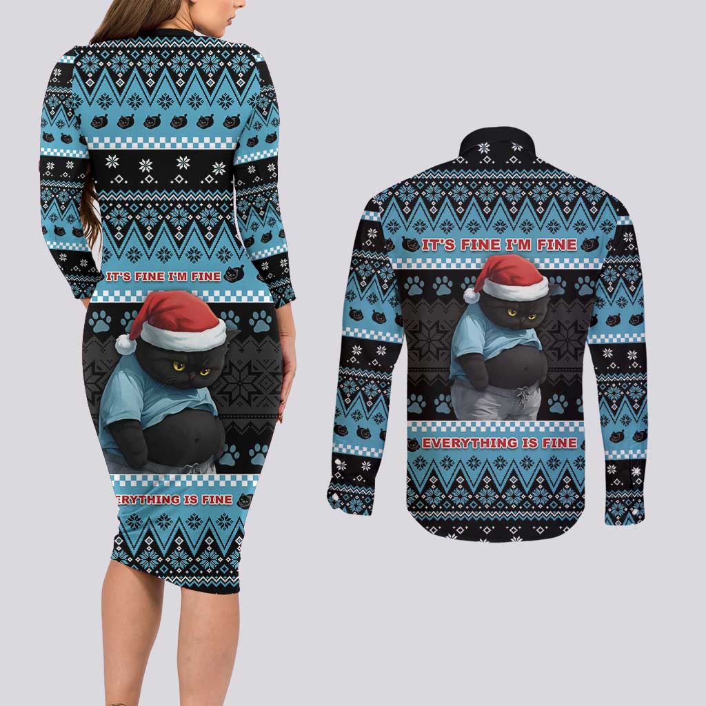 Cat Christmas Couples Matching Long Sleeve Bodycon Dress and Long Sleeve Button Shirt It’s Fine I’m Fine Everything Is Fine - Wonder Print Shop
