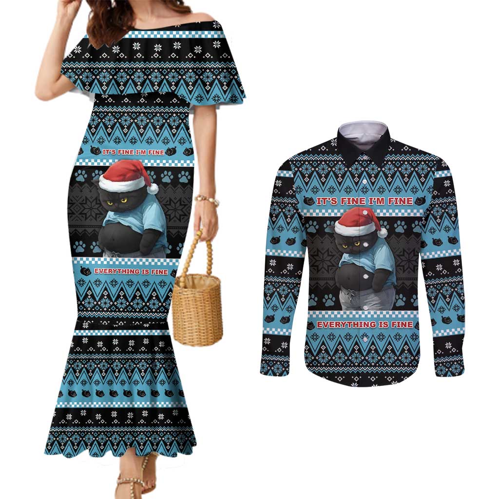 Cat Christmas Couples Matching Mermaid Dress and Long Sleeve Button Shirt It’s Fine I’m Fine Everything Is Fine - Wonder Print Shop