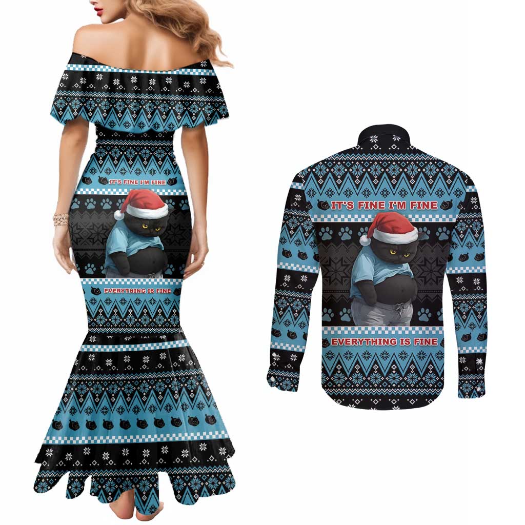 Cat Christmas Couples Matching Mermaid Dress and Long Sleeve Button Shirt It’s Fine I’m Fine Everything Is Fine - Wonder Print Shop