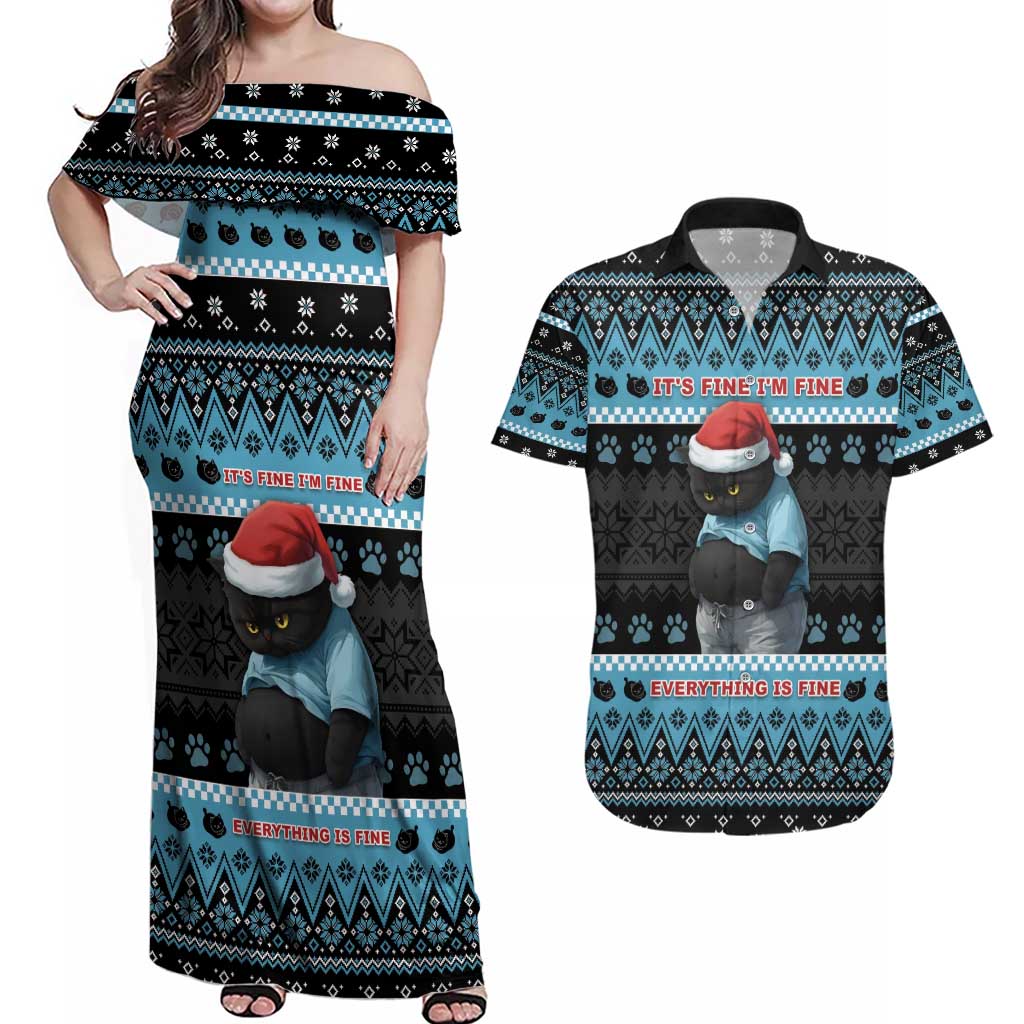 Cat Christmas Couples Matching Off Shoulder Maxi Dress and Hawaiian Shirt It’s Fine I’m Fine Everything Is Fine - Wonder Print Shop